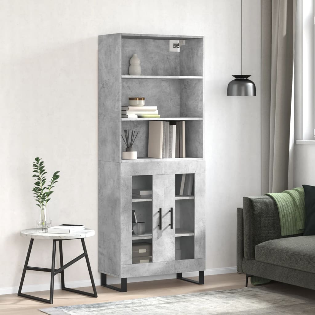Highboard 69.5x34x180 cm Engineered Wood 2 Glass Doors Concrete grey