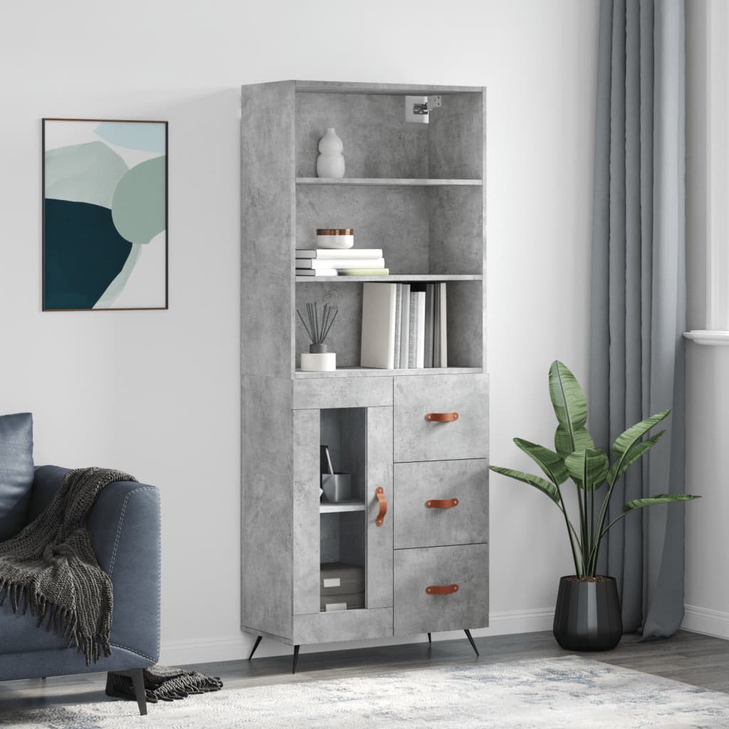 Highboard 69.5x34x180 cm Engineered Wood 1 Glass Door 3 Drawers Concrete grey