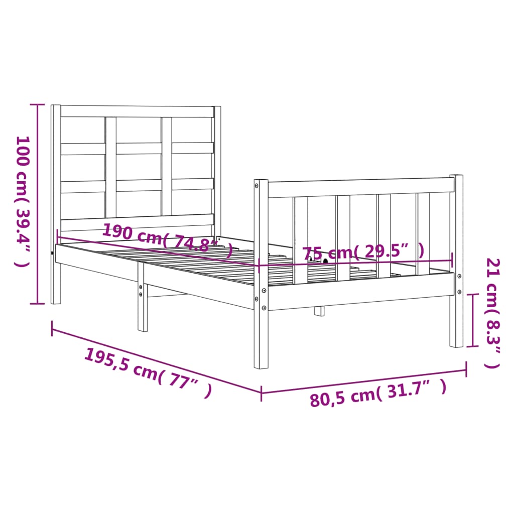 vidaXL Bed Frame with Headboard Grey Small Single Solid Wood