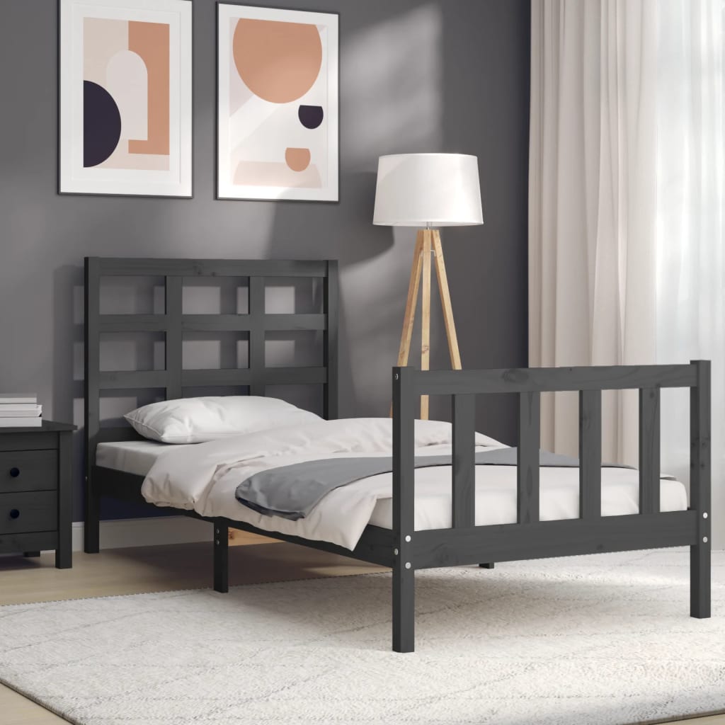 vidaXL Bed Frame with Headboard Grey Small Single Solid Wood