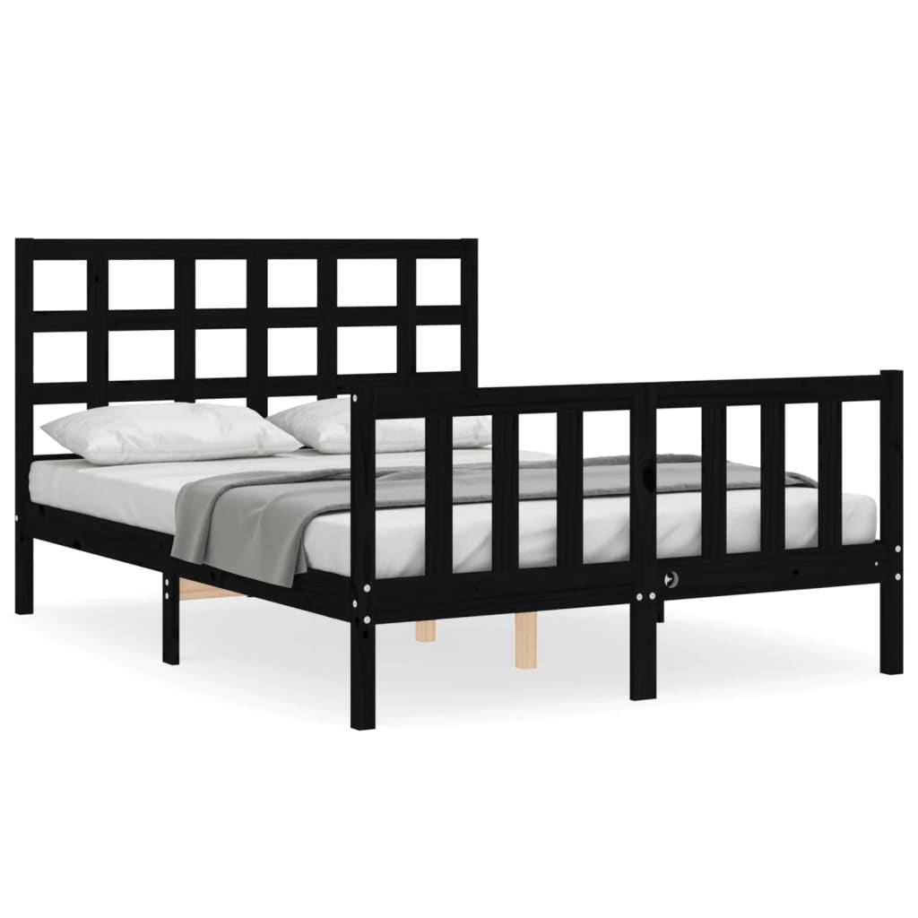 vidaXL Bed Frame with Headboard Black Double Solid Wood