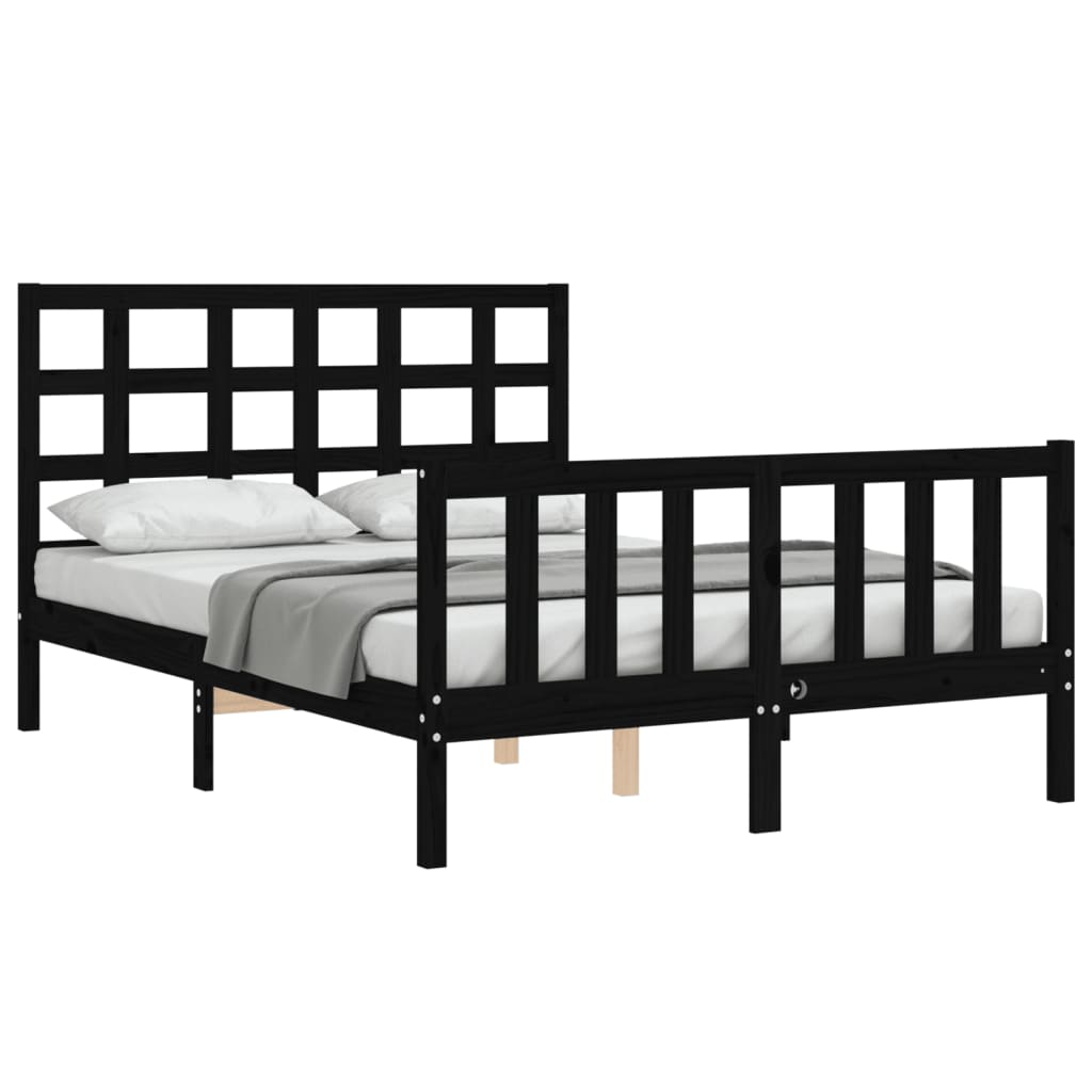 vidaXL Bed Frame with Headboard Black Double Solid Wood