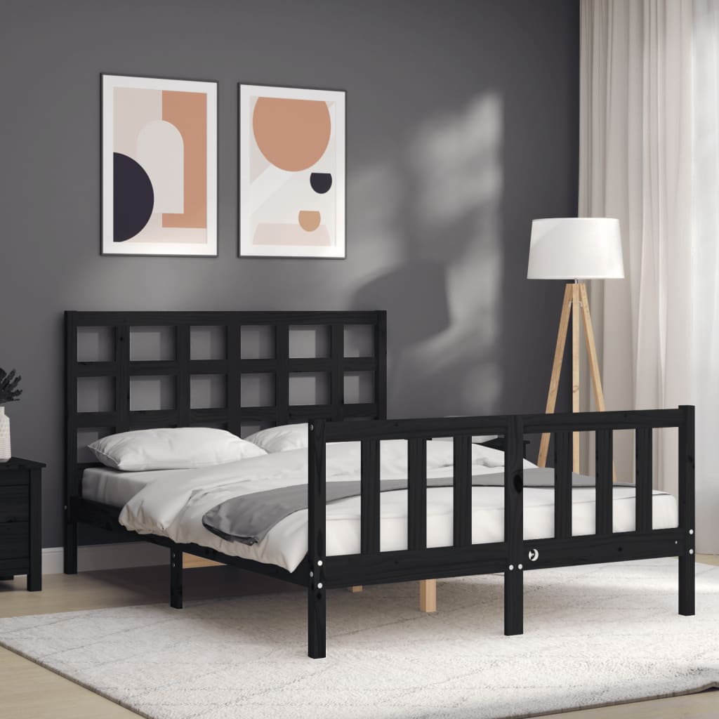 vidaXL Bed Frame with Headboard Black Double Solid Wood