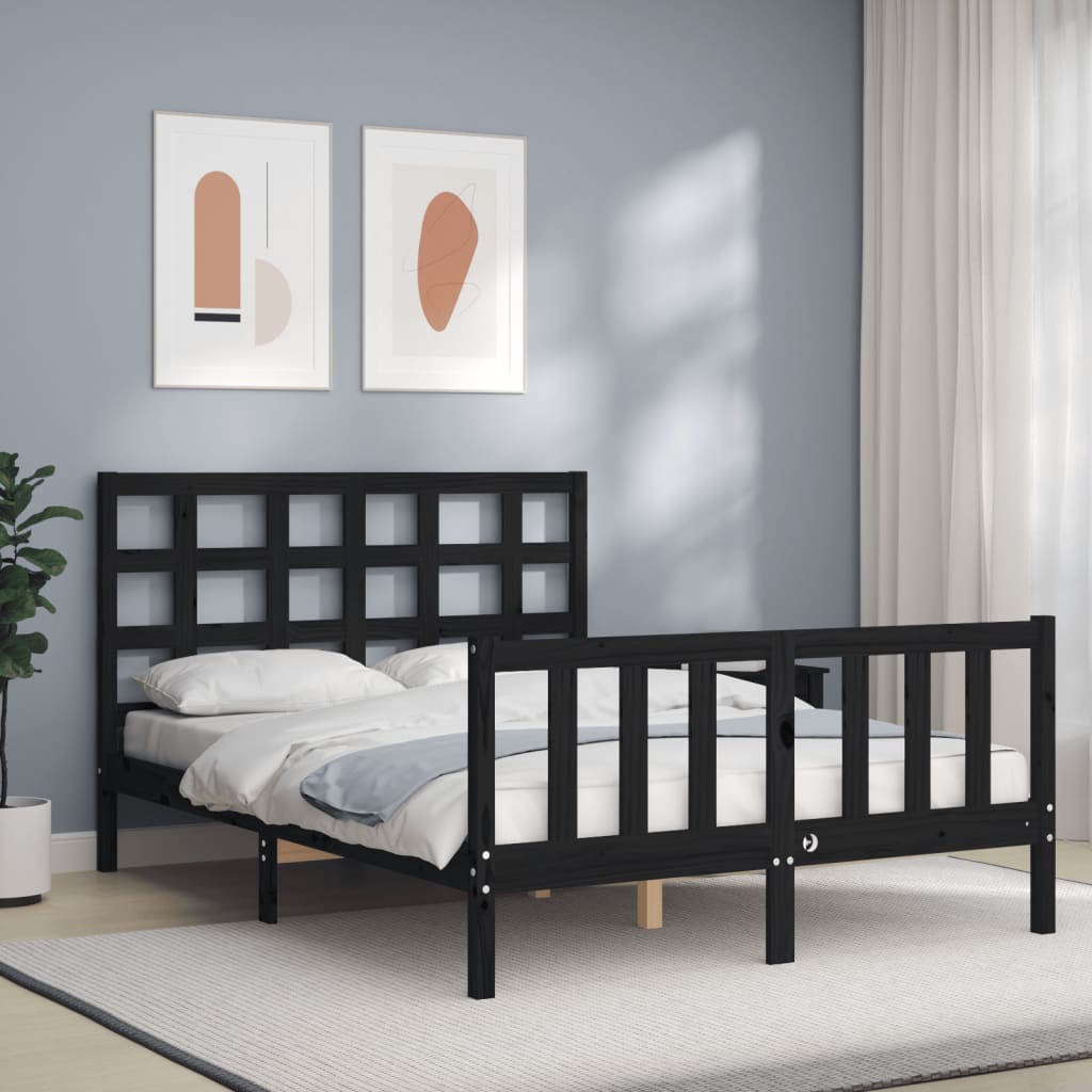 vidaXL Bed Frame with Headboard Black Double Solid Wood