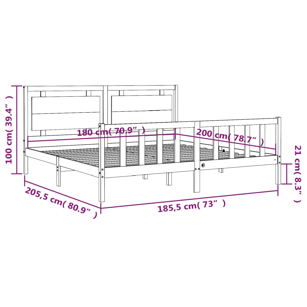 vidaXL Bed Frame with Headboard Black 180x200 cm Super King Solid Wood