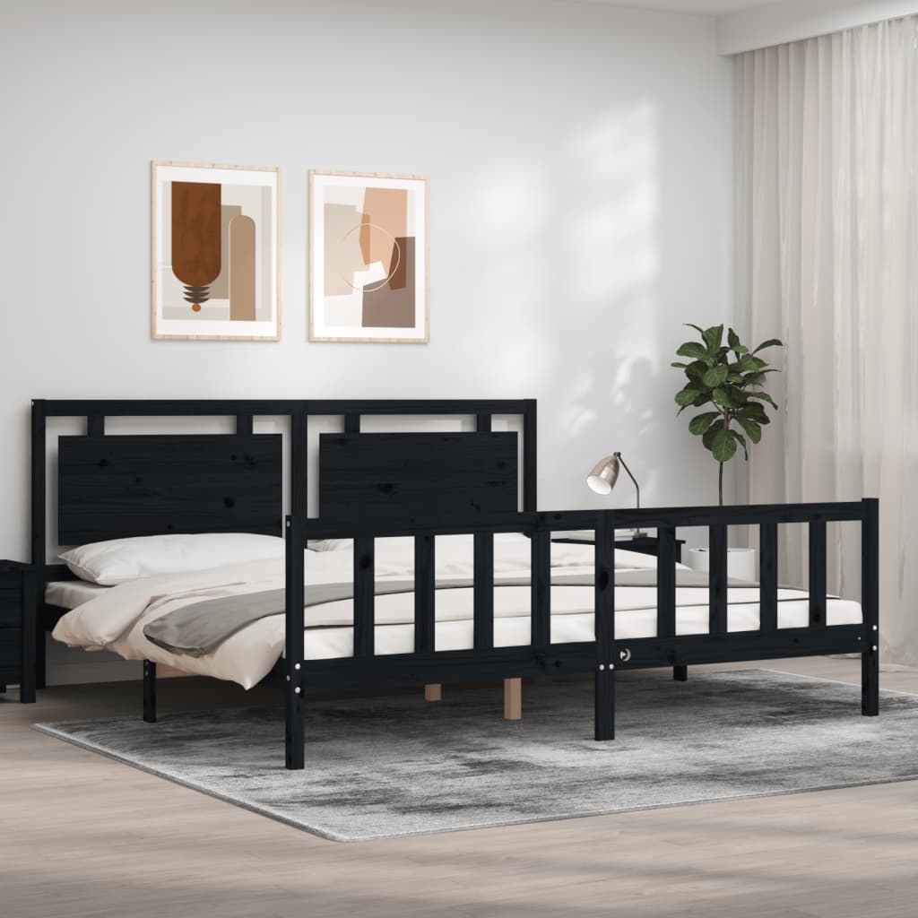 vidaXL Bed Frame with Headboard Black 180x200 cm Super King Solid Wood