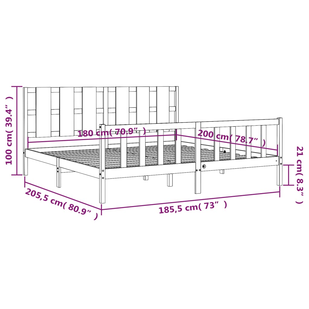 vidaXL Bed Frame with Headboard Grey 180x200 cm Super King Solid Wood