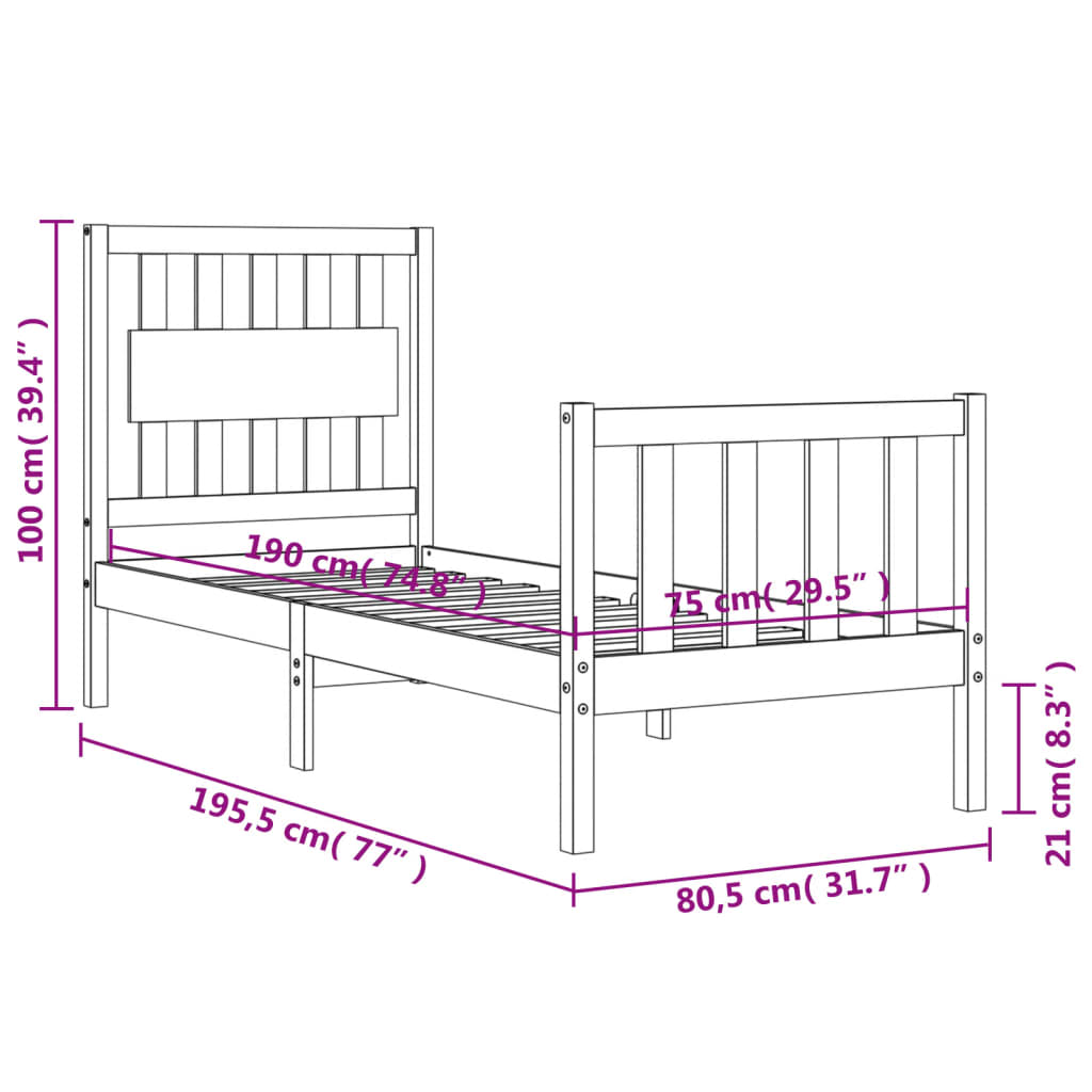 vidaXL Bed Frame with Headboard Black Small Single Solid Wood