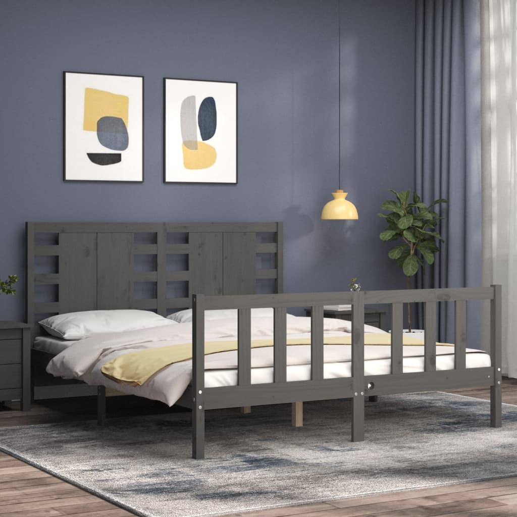 vidaXL Bed Frame with Headboard Grey King Size Solid Wood