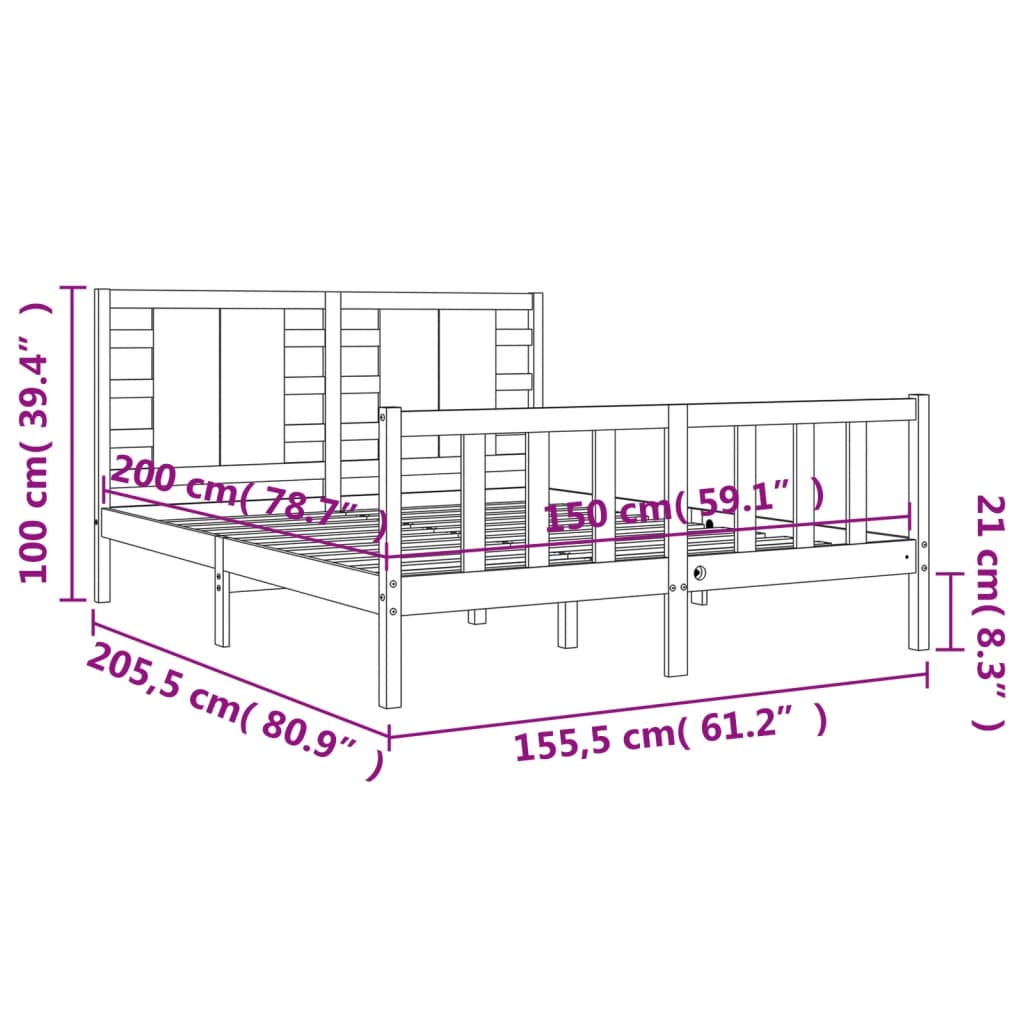 vidaXL Bed Frame with Headboard Grey King Size Solid Wood