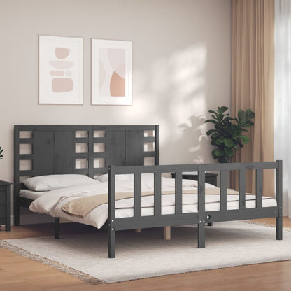 vidaXL Bed Frame with Headboard Grey King Size Solid Wood