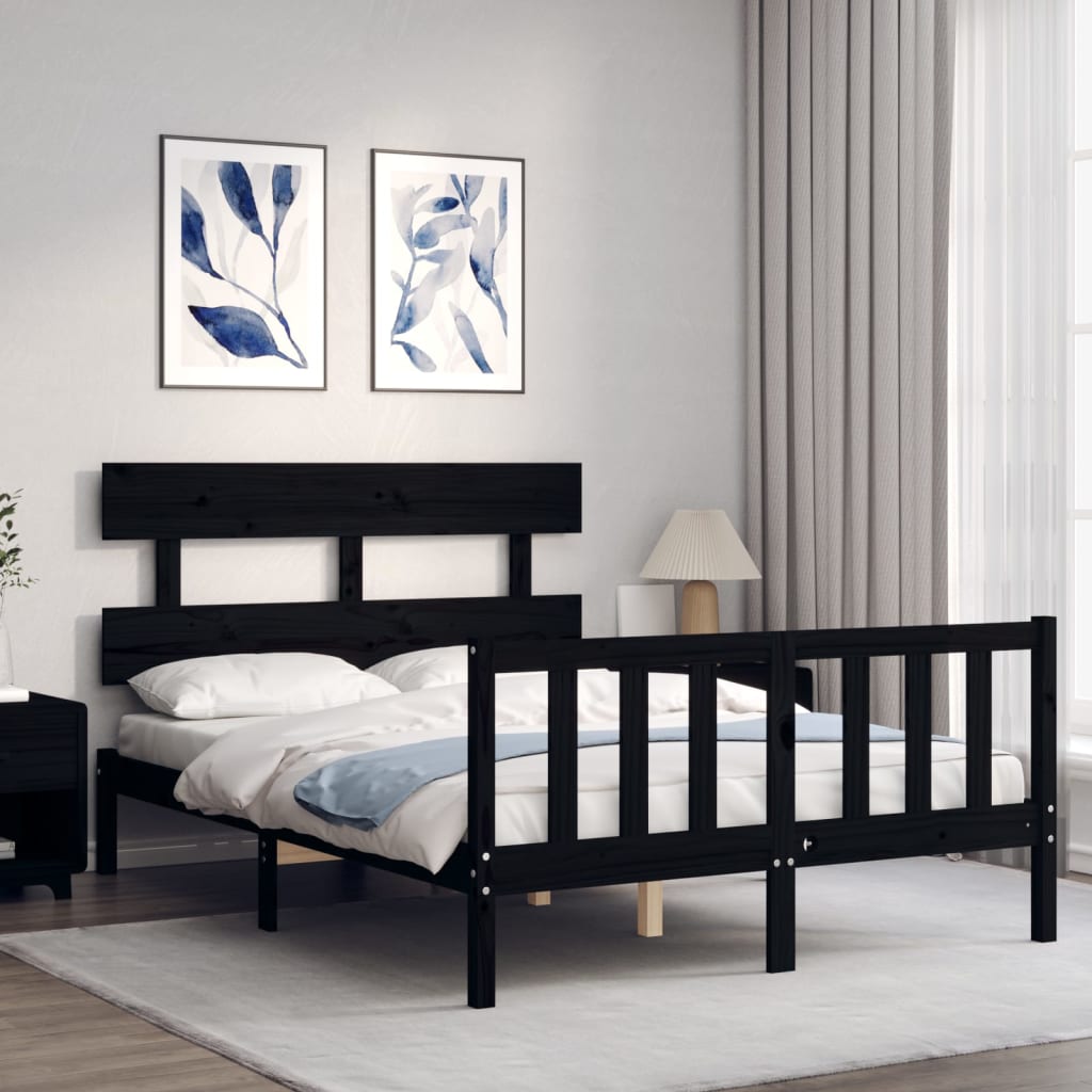 vidaXL Bed Frame with Headboard Black Small Double Solid Wood