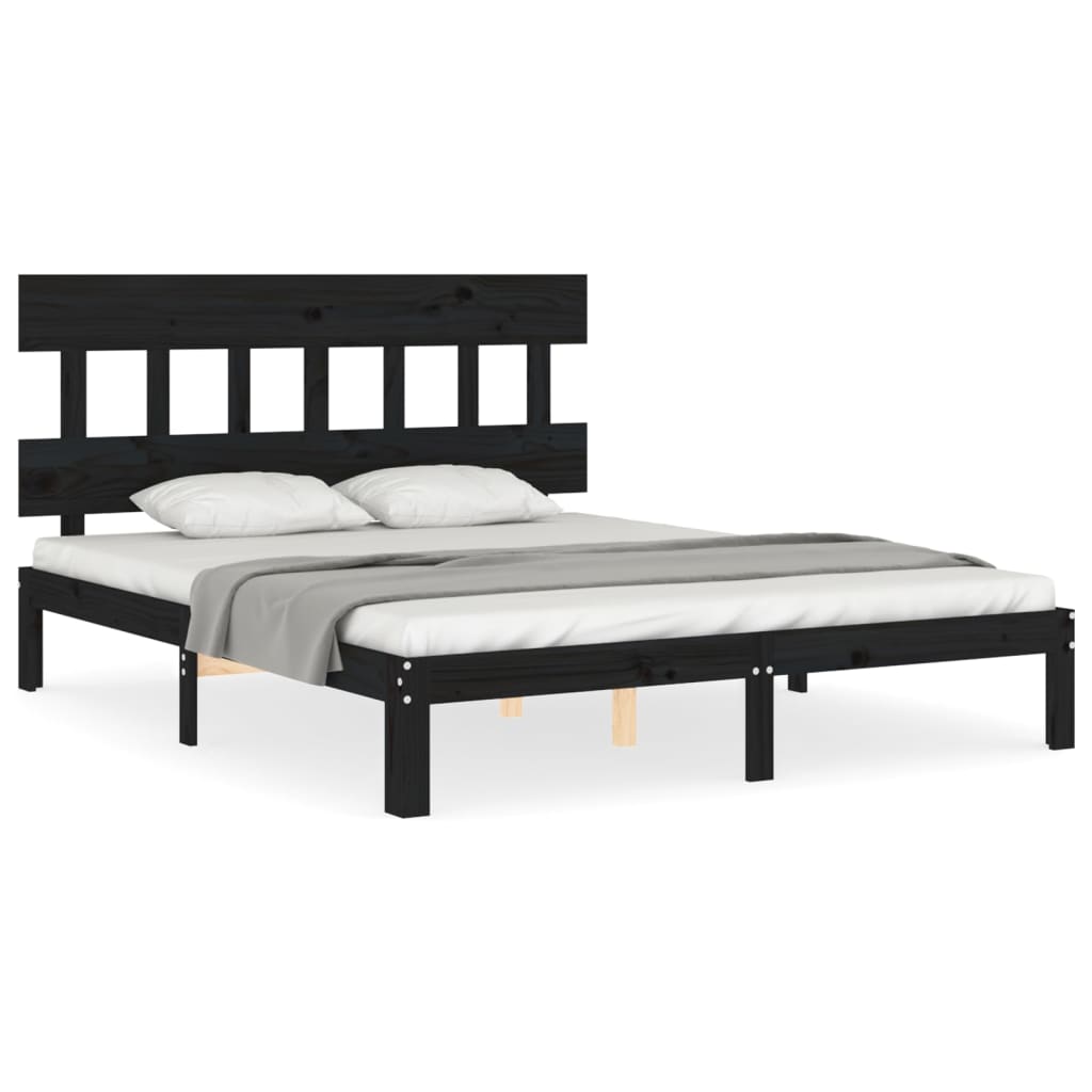 vidaXL Bed Frame with Headboard Black King Size Solid Wood