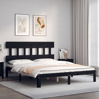 vidaXL Bed Frame with Headboard Black King Size Solid Wood