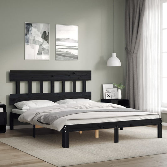 vidaXL Bed Frame with Headboard Black King Size Solid Wood