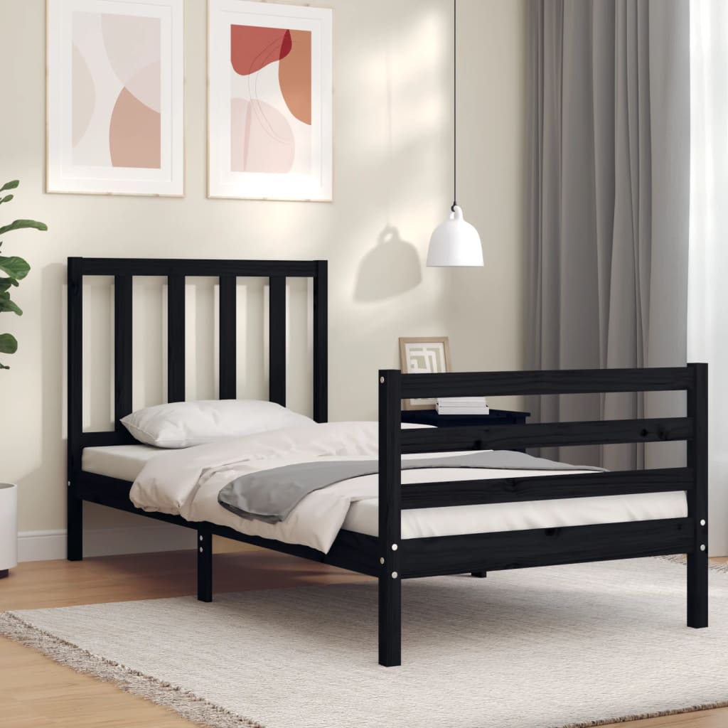 vidaXL Bed Frame with Headboard Black Single Solid Wood