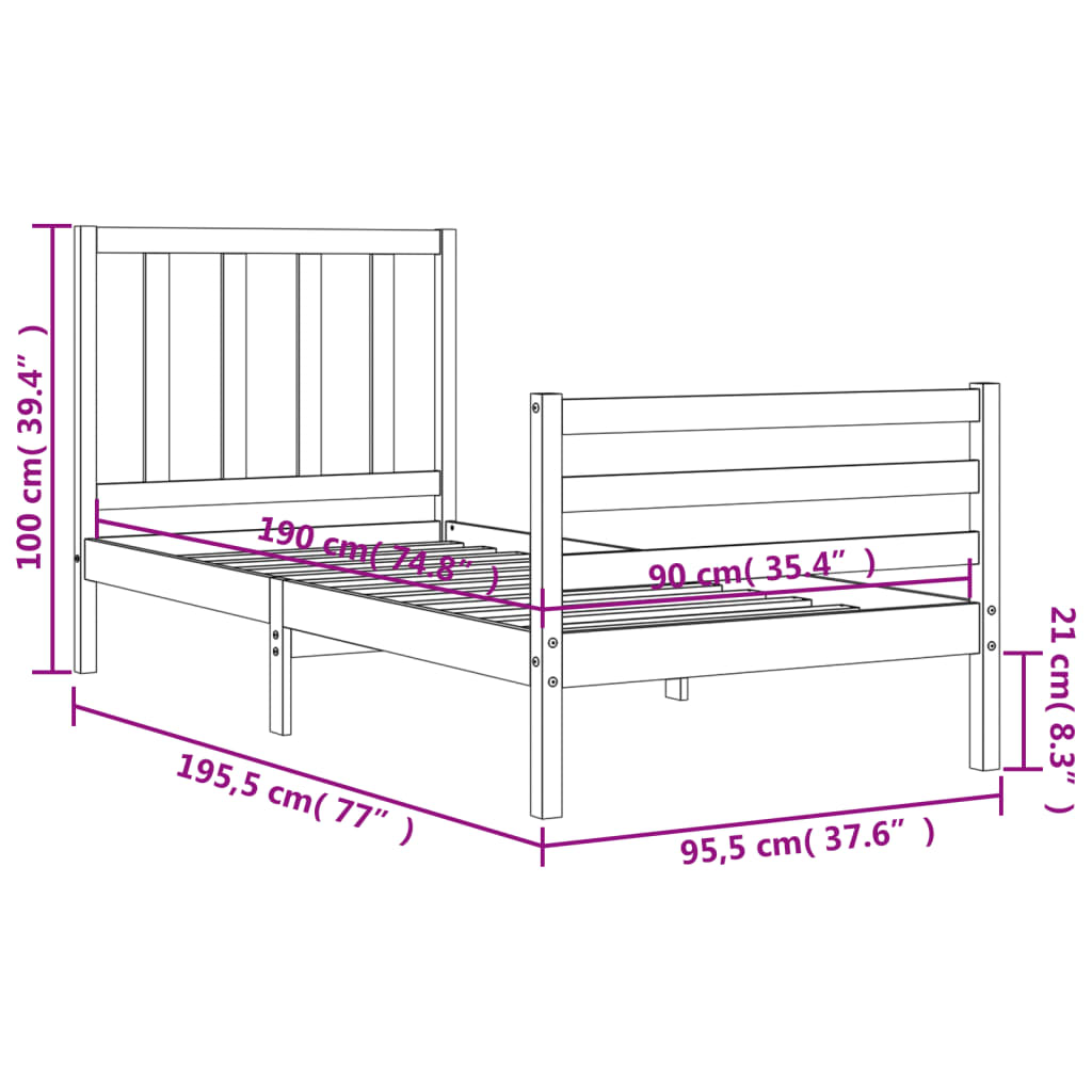 vidaXL Bed Frame with Headboard Black Single Solid Wood