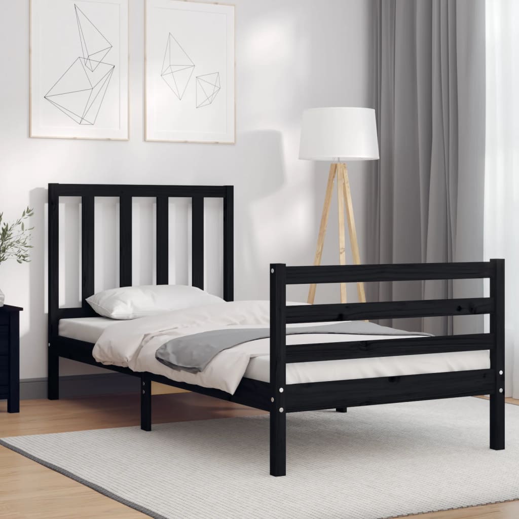 vidaXL Bed Frame with Headboard Black Single Solid Wood