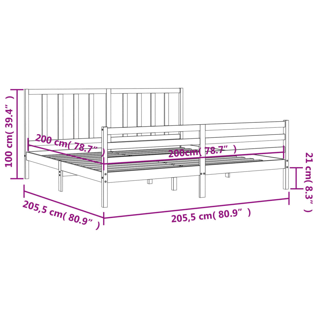 vidaXL Bed Frame with Headboard Grey 200x200 cm Solid Wood