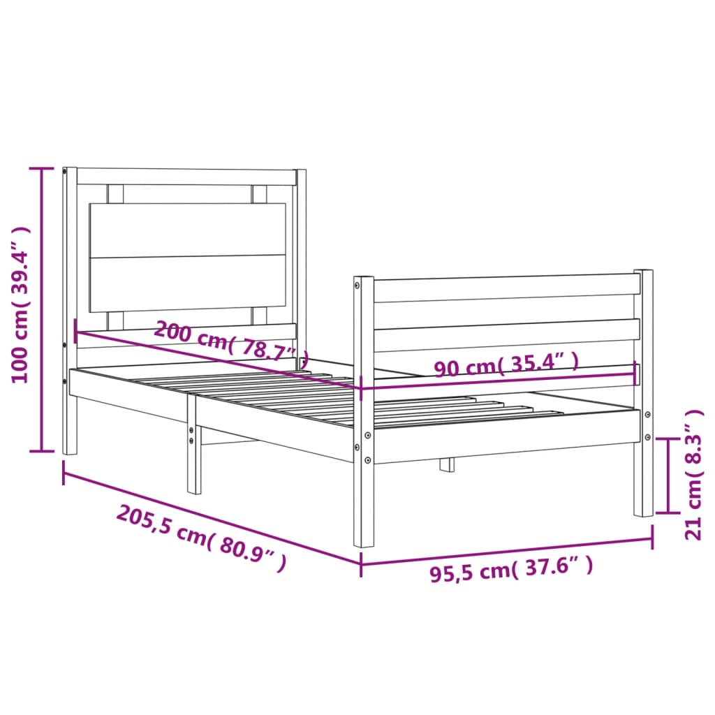 vidaXL Bed Frame with Headboard Black 90x200 cm Solid Wood