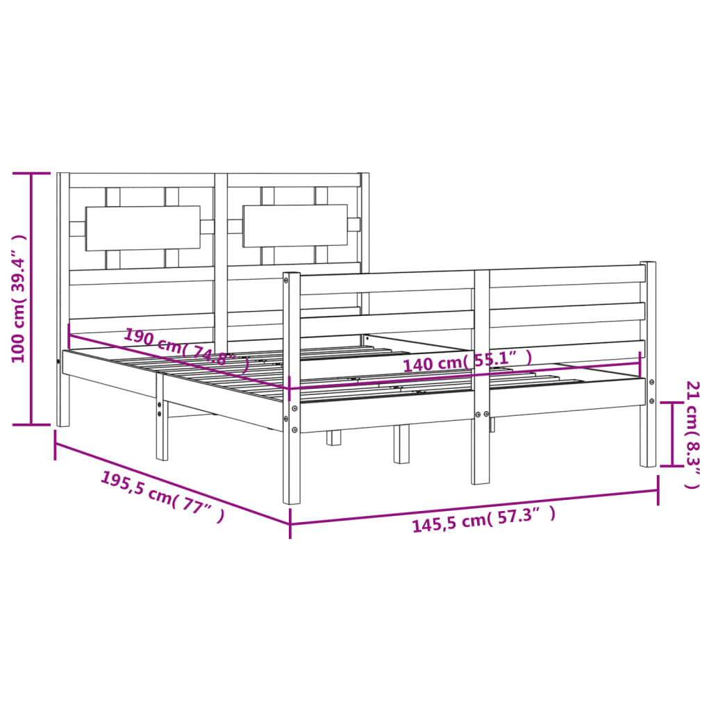 vidaXL Bed Frame with Headboard Grey 140x190 cm Solid Wood