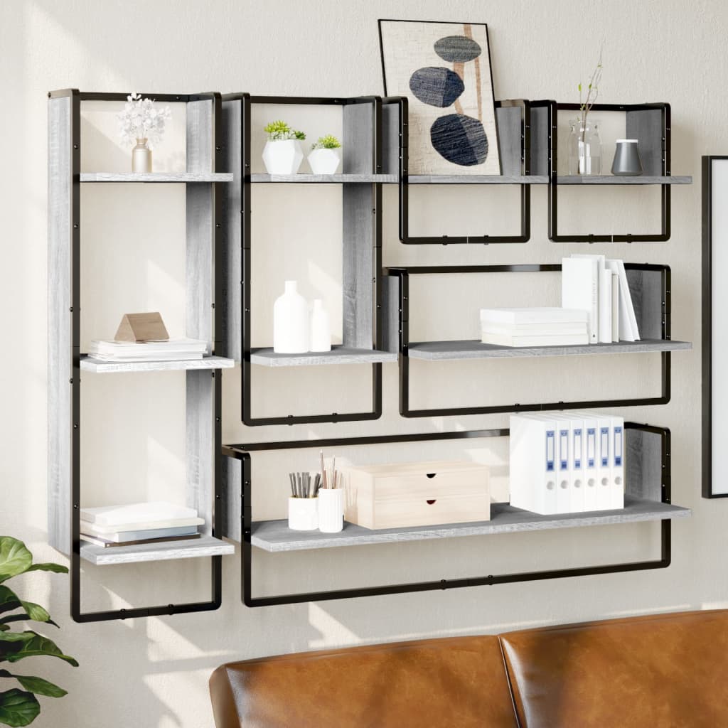 6 Piece Wall Shelf Set with Bars Engineered Wood Grey sonoma