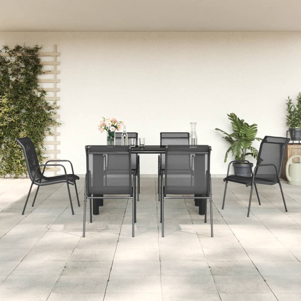 5 Piece Garden Dining Set Black Steel and Textilene 140 cm table length 6