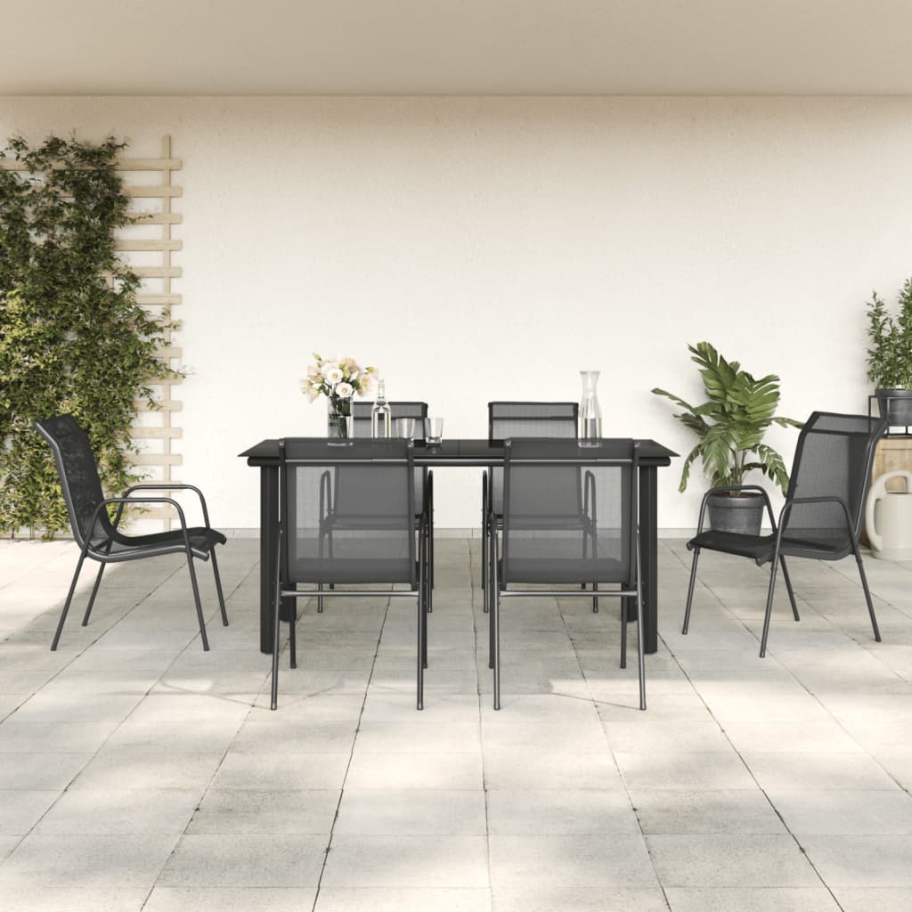 5 Piece Garden Dining Set Black Steel and Textilene 160 cm table length 6