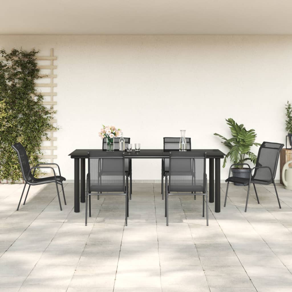 5 Piece Garden Dining Set Black Steel and Textilene 200 cm table length 6