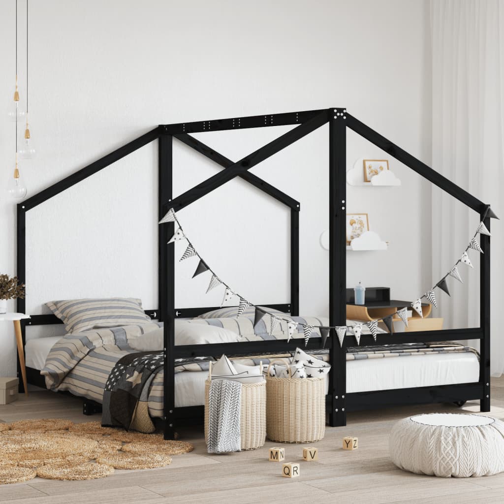 Kids Bed Frame Solid Wood Pine Black 2 x (90 x 190) cm