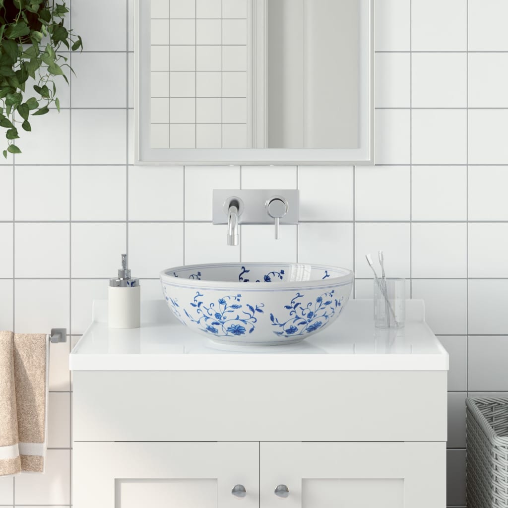 Countertop Basin Round Φ41x14 Ceramic White and blue