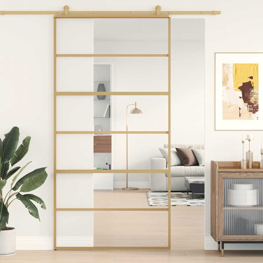 Sliding Door 102.5x205 cm Clear ESG Glass and Aluminium Gold 5 horizontal bars