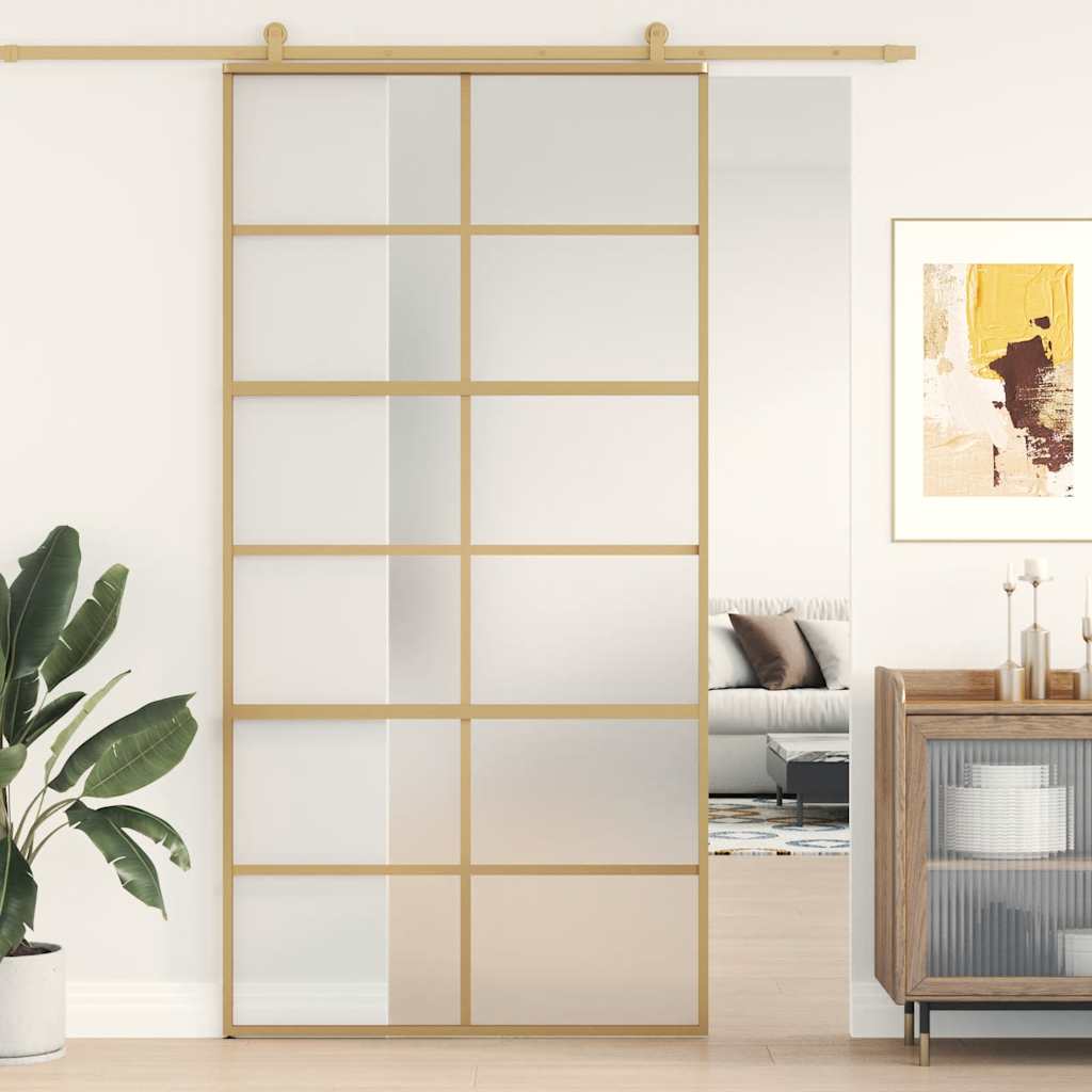 Sliding Door 102.5x205 cm Clear ESG Glass and Aluminium Gold and matt 6x2 grids