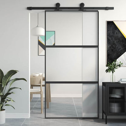 Sliding Door 102.5x205 cm Clear ESG Glass and Aluminium Black & transparent & matt 2 horizontal bars