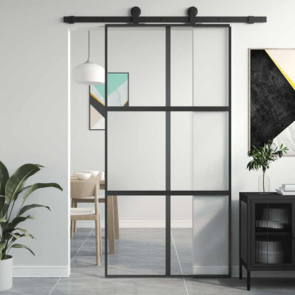 Sliding Door 102.5x205 cm Clear ESG Glass and Aluminium Black & transparent & matt 3x2 grids