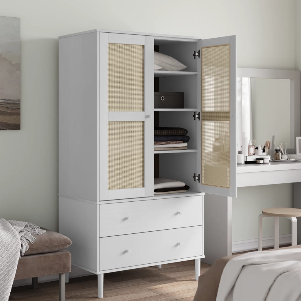 Wardrobe "SENJA" Rattan Look 90x55x175 cm Solid Wood Pine White