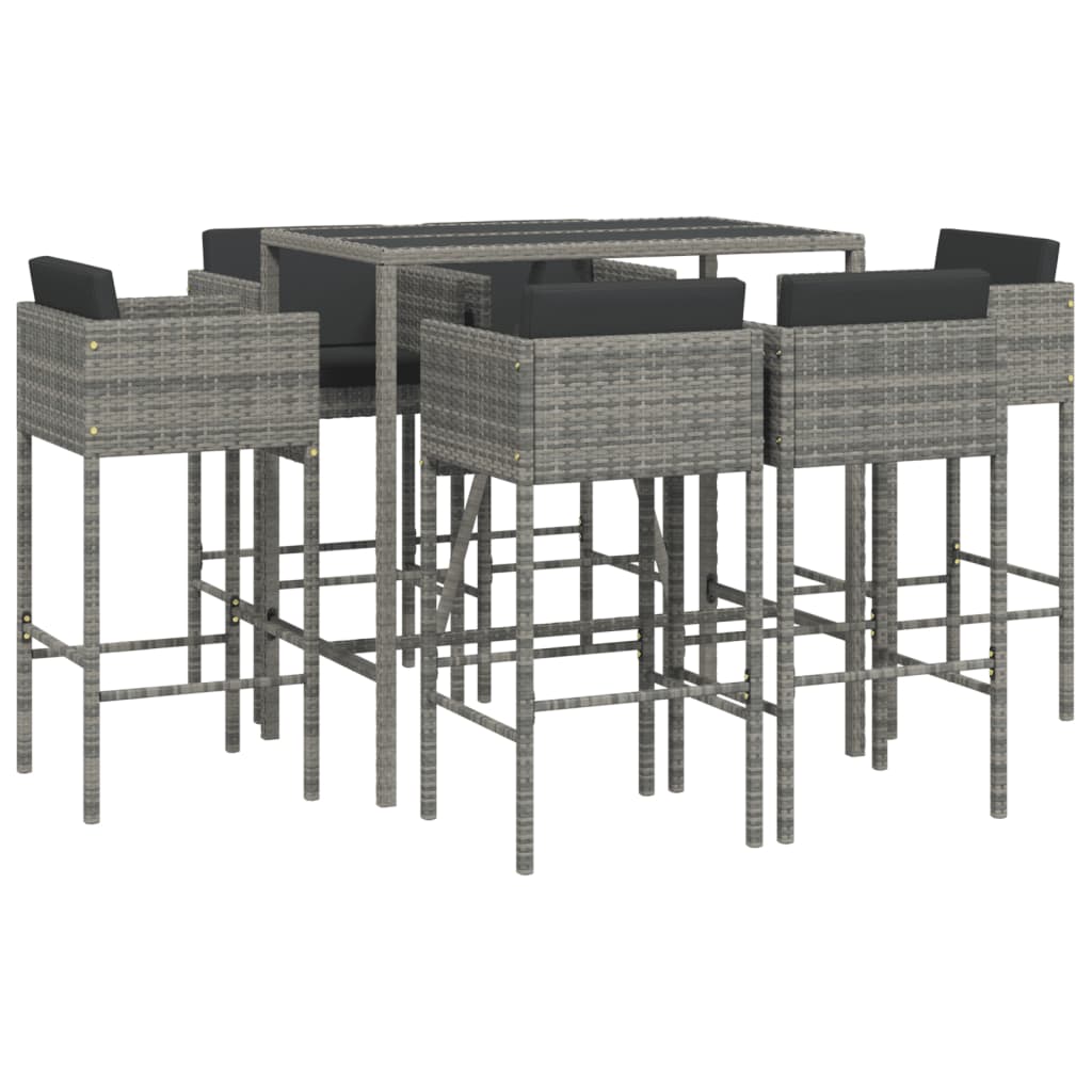 vidaXL 7 Piece Garden Bar Set with Cushions Grey Poly Rattan 2