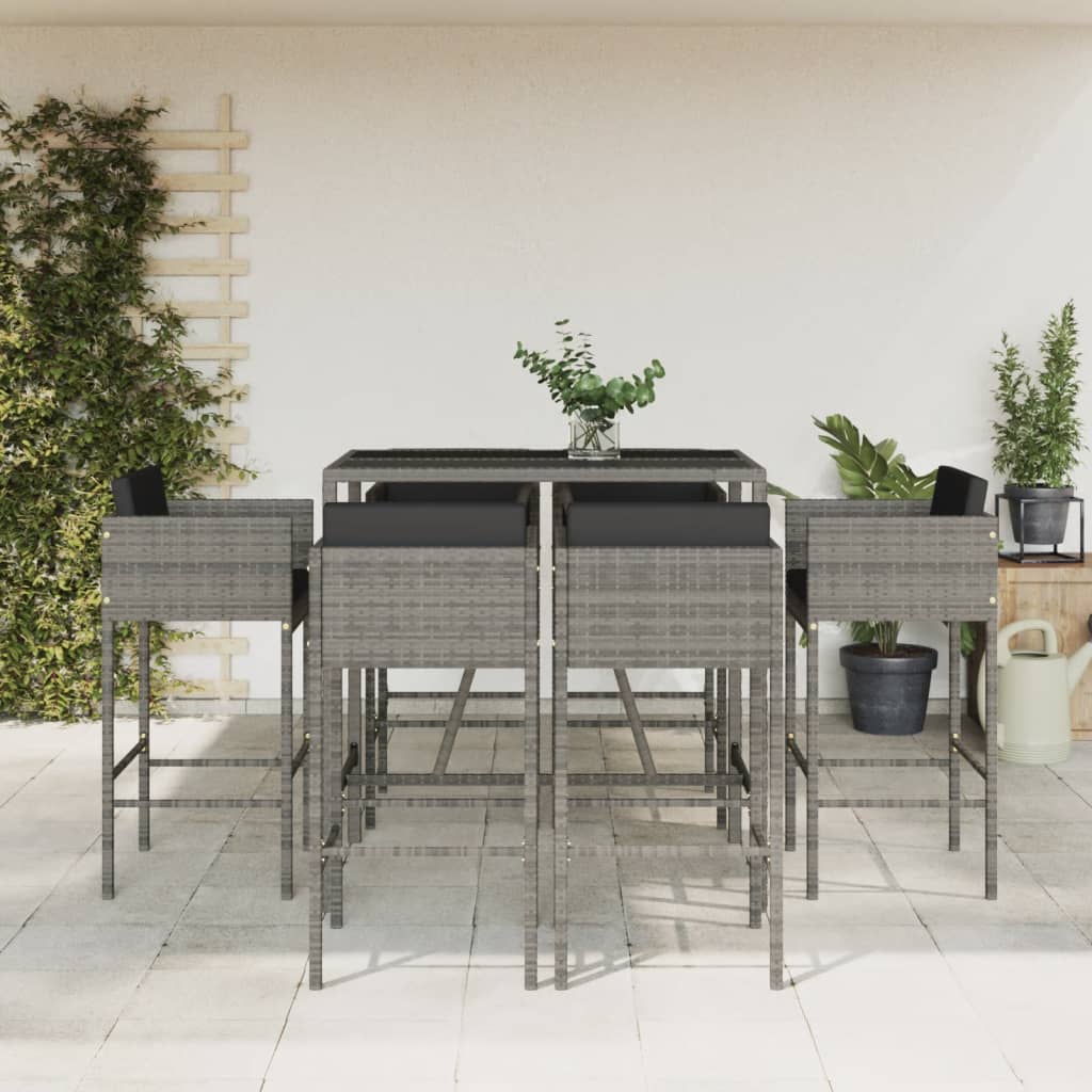 vidaXL 7 Piece Garden Bar Set with Cushions Grey Poly Rattan 1