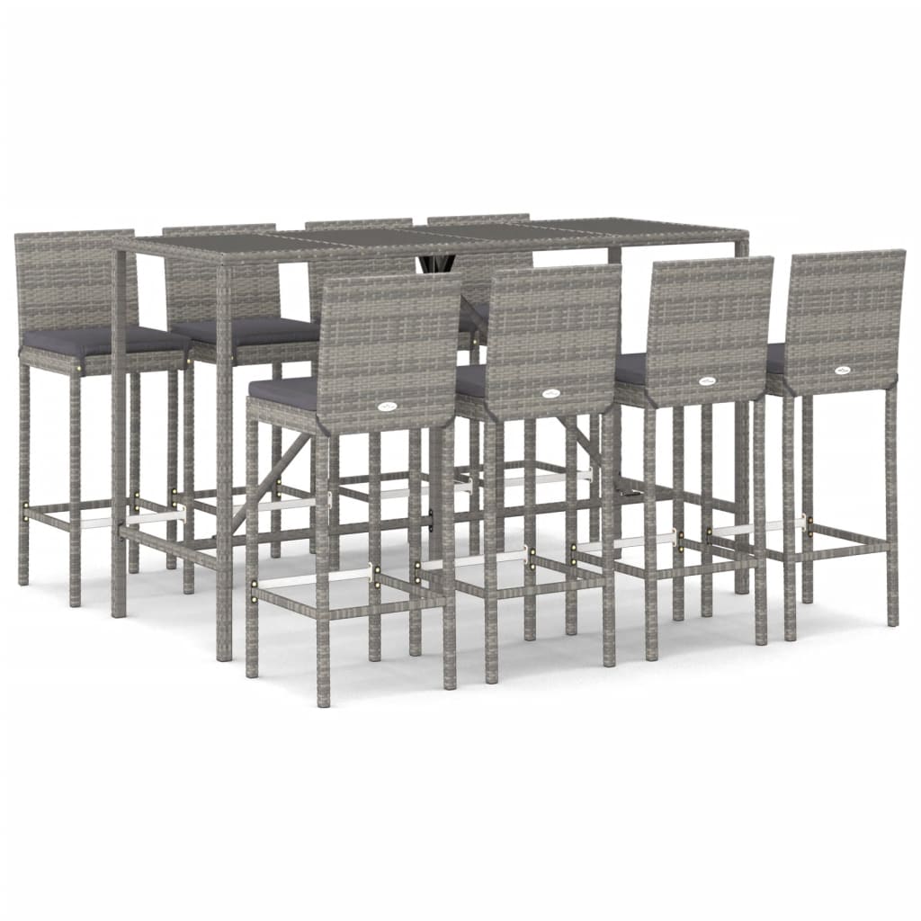 vidaXL 9 Piece Garden Bar Set with Cushions Grey Poly Rattan 2