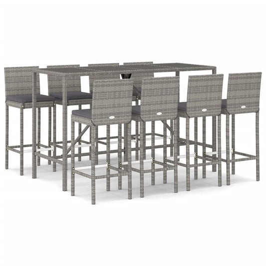 vidaXL 9 Piece Garden Bar Set with Cushions Grey Poly Rattan 2