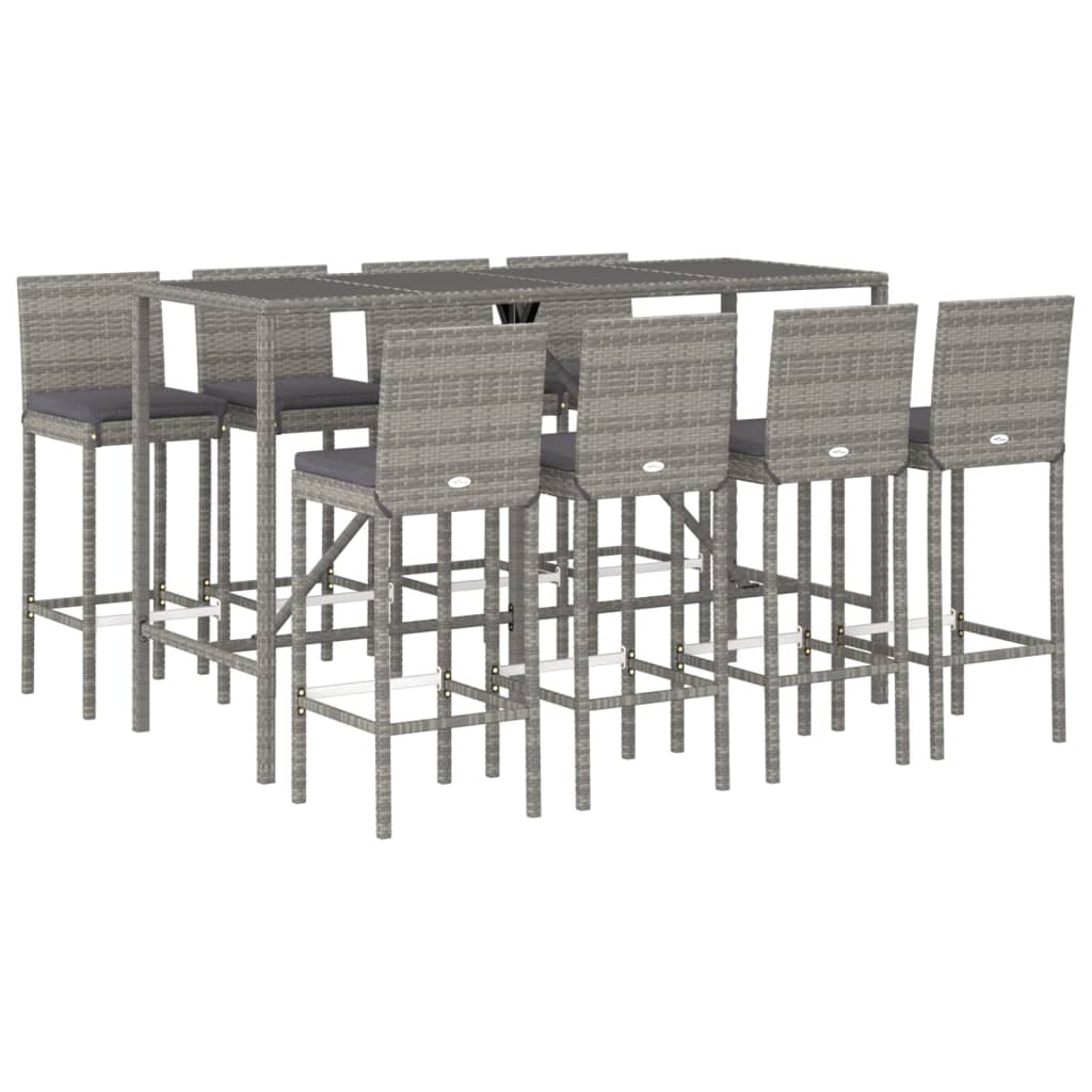 vidaXL 9 Piece Garden Bar Set with Cushions Grey Poly Rattan 3