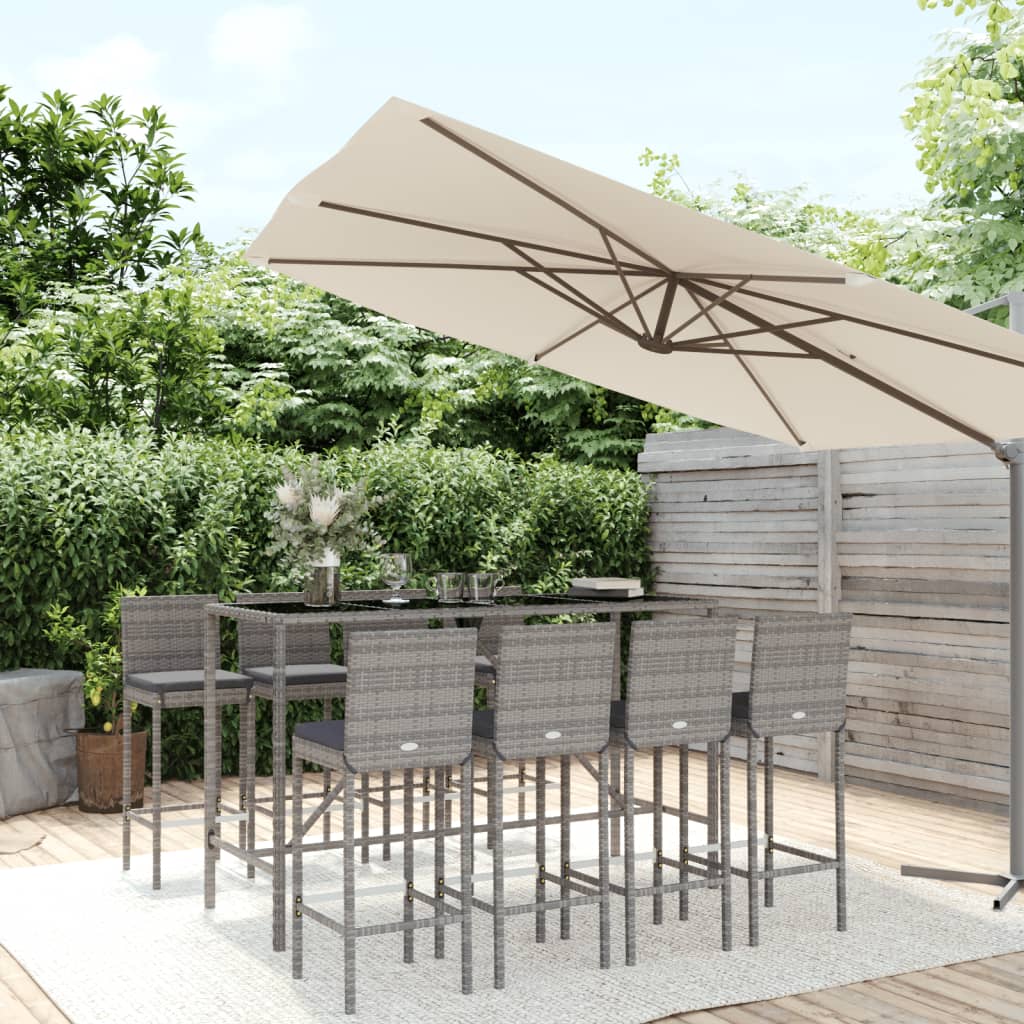 vidaXL 9 Piece Garden Bar Set with Cushions Grey Poly Rattan 1