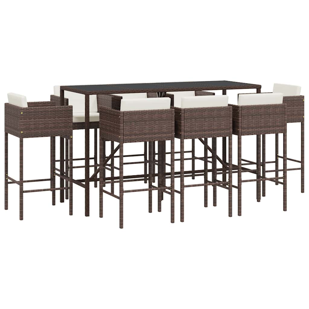 vidaXL 9 Piece Garden Bar Set with Cushions Brown Poly Rattan 2