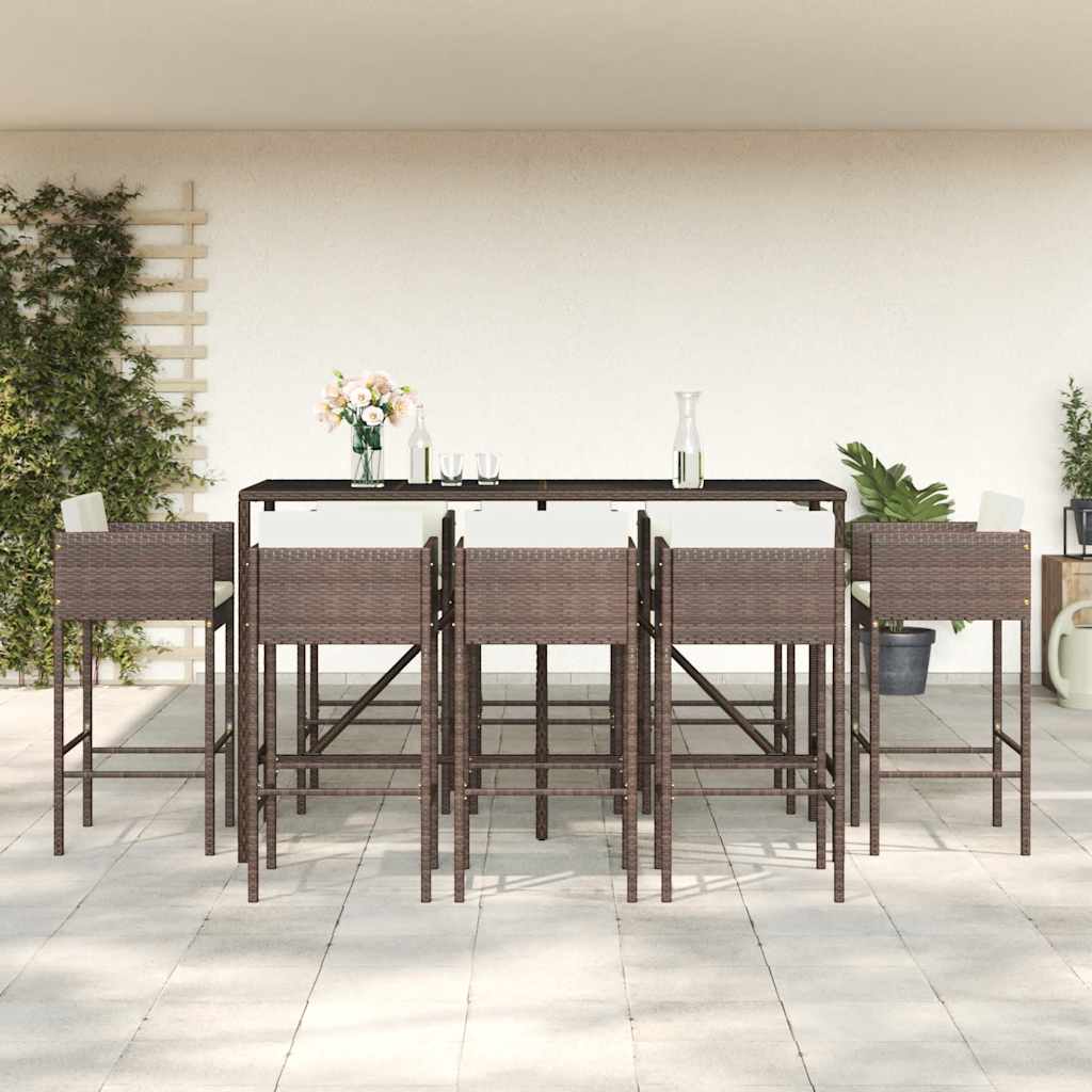 vidaXL 9 Piece Garden Bar Set with Cushions Brown Poly Rattan 1
