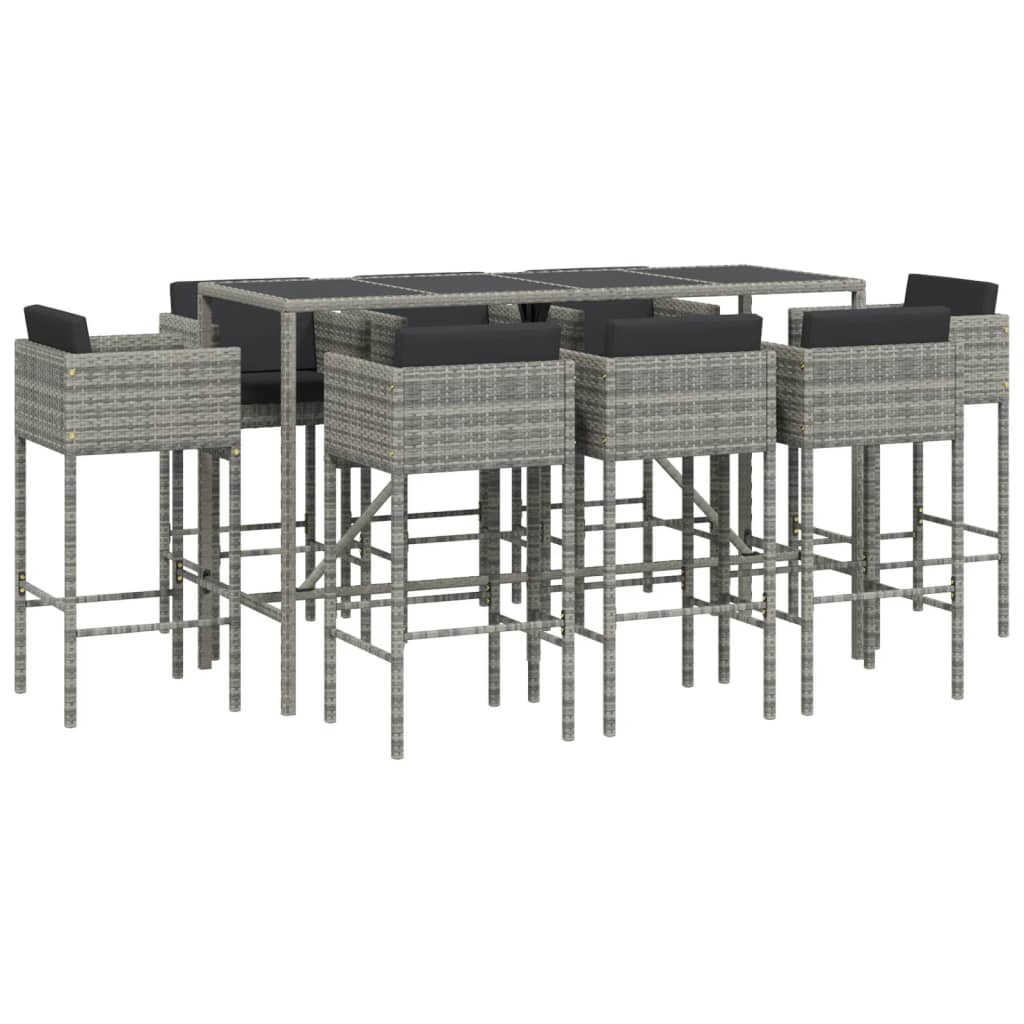 vidaXL 9 Piece Garden Bar Set with Cushions Grey Poly Rattan 2