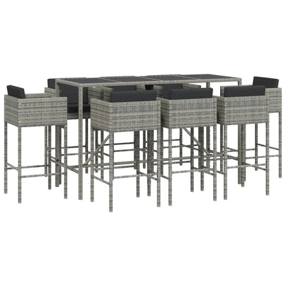vidaXL 9 Piece Garden Bar Set with Cushions Grey Poly Rattan 2