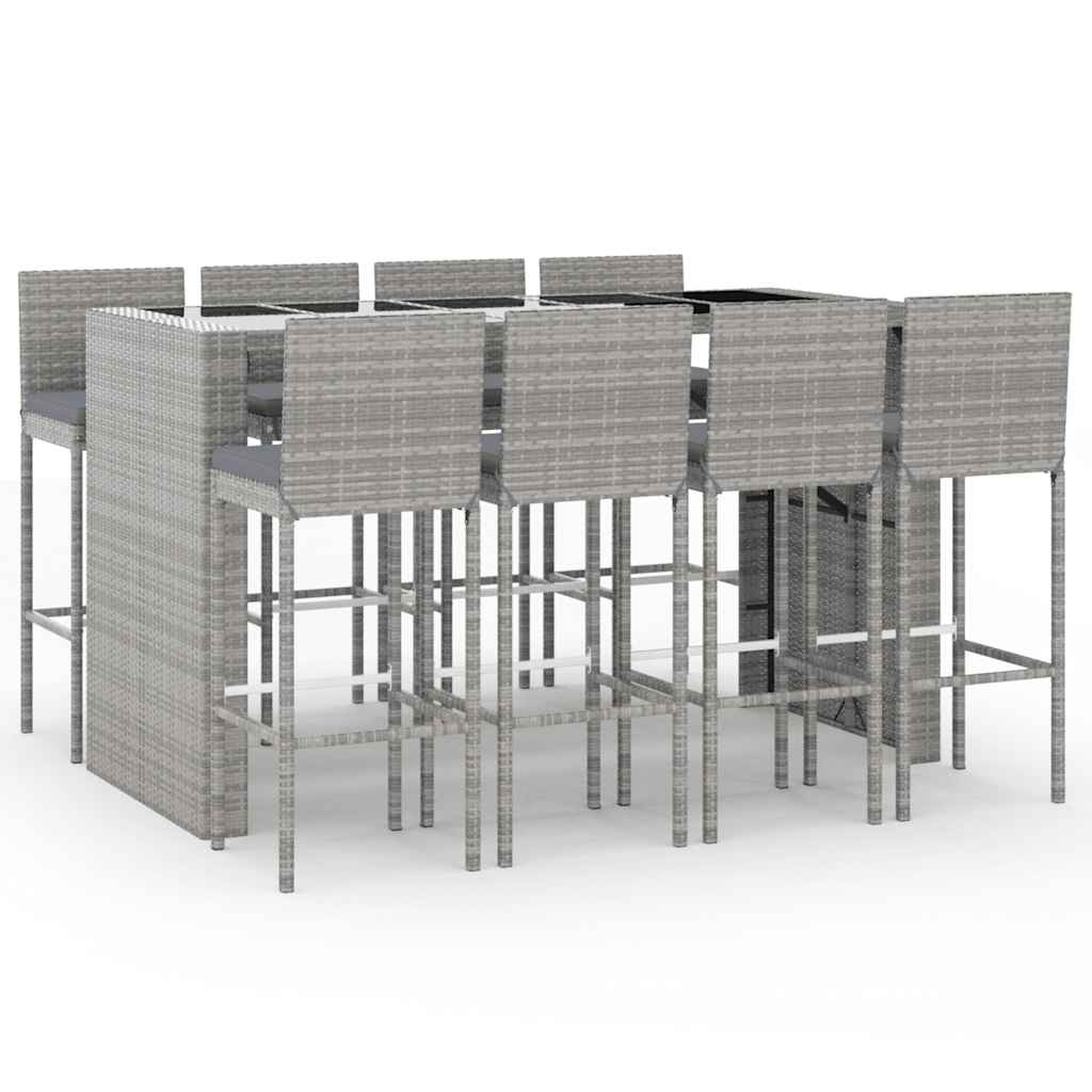 vidaXL 9 Piece Garden Bar Set with Cushions Grey Poly Rattan 2