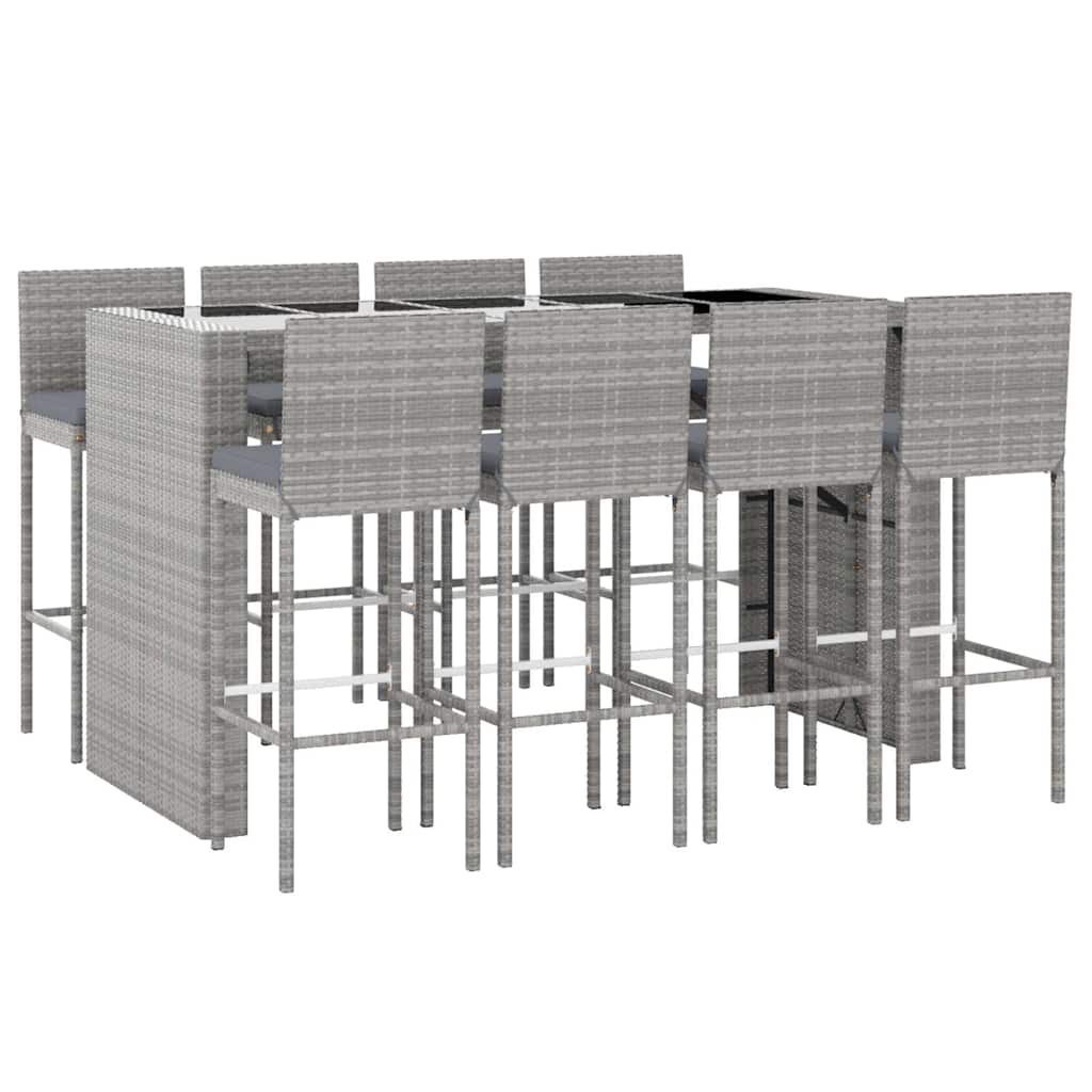 vidaXL 9 Piece Garden Bar Set with Cushions Grey Poly Rattan 3