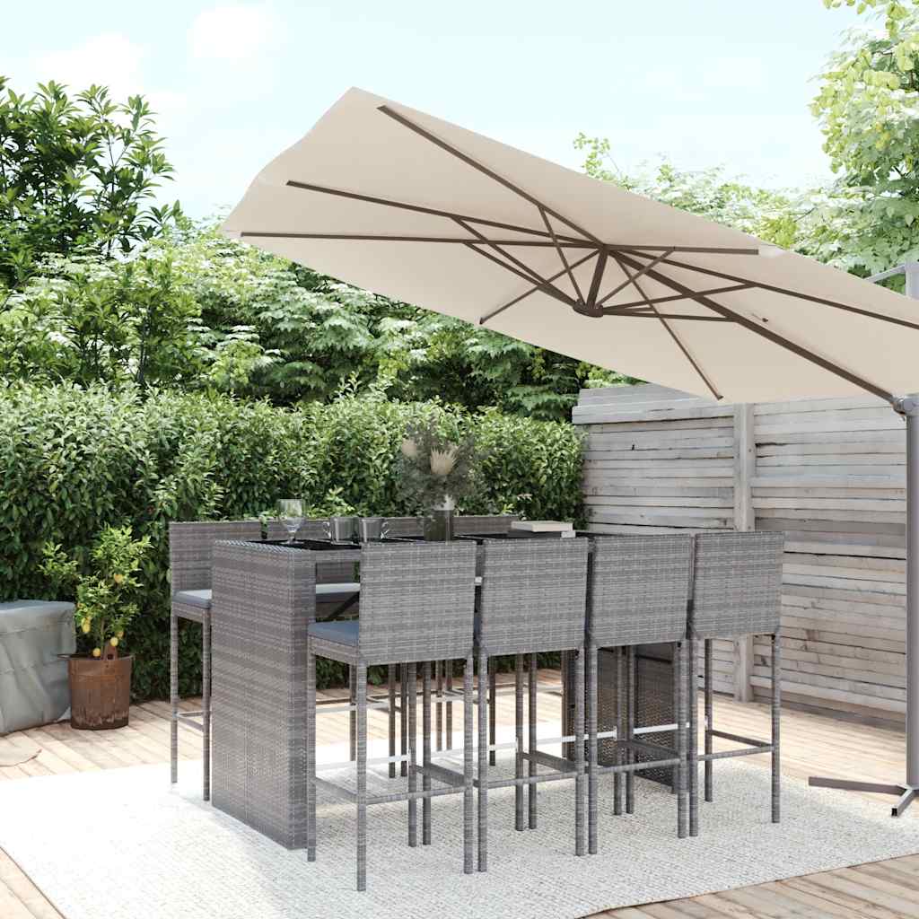vidaXL 9 Piece Garden Bar Set with Cushions Grey Poly Rattan 1
