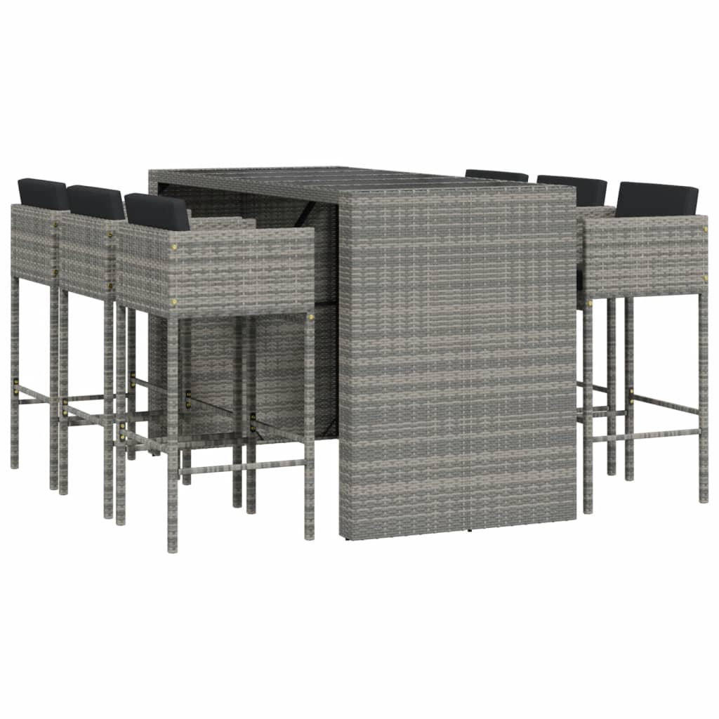 vidaXL 7 Piece Garden Bar Set with Cushions Grey Poly Rattan 2